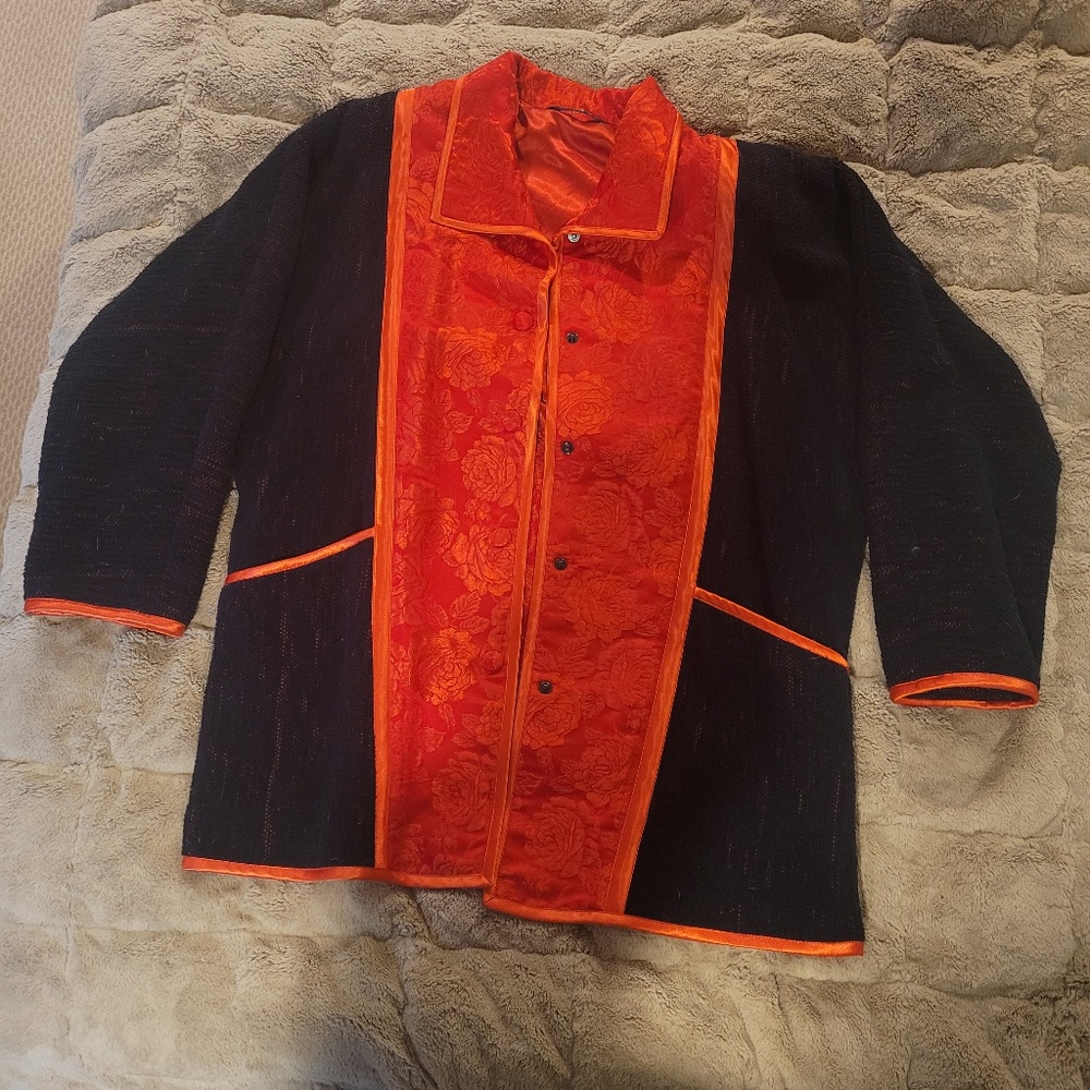 UNICA Size Medium Black and Red Jacket with embossed silk accents